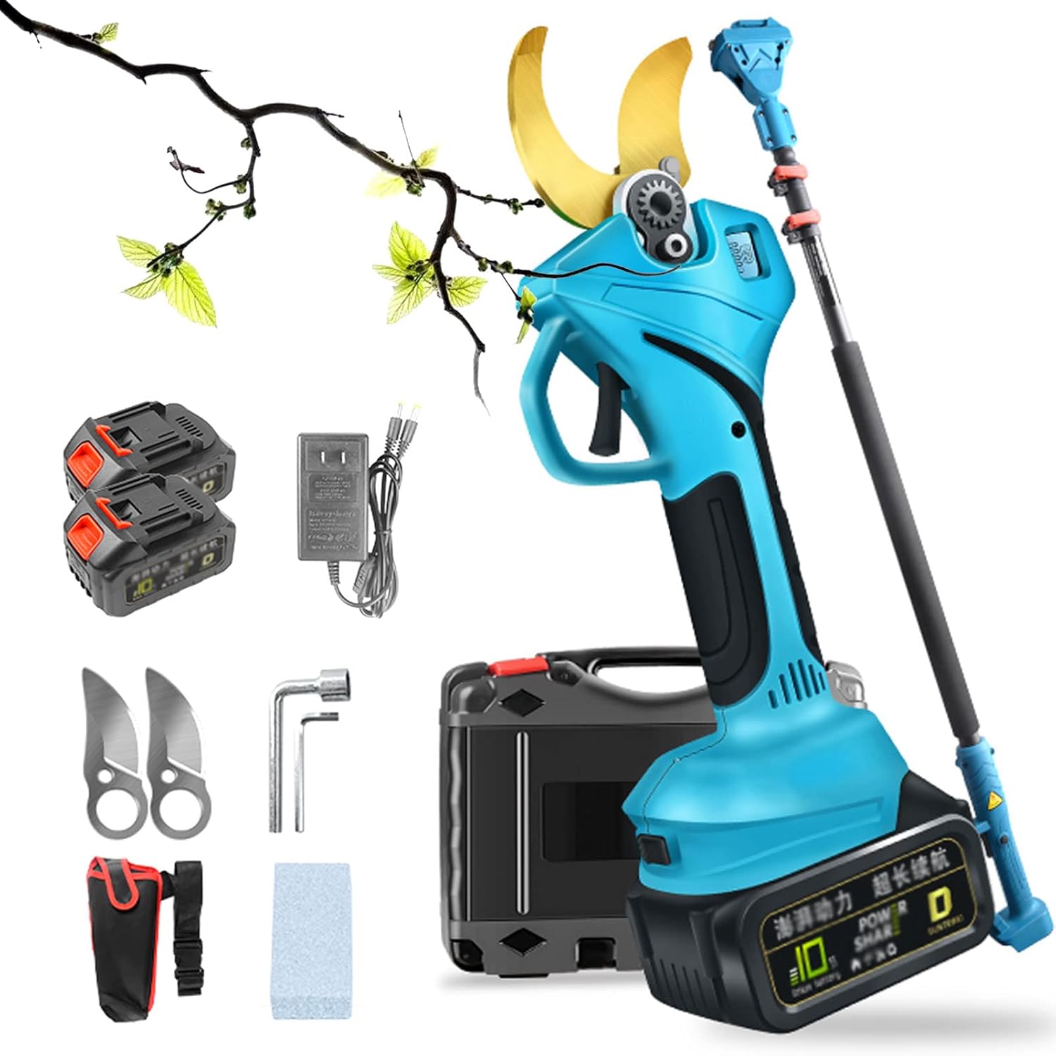 Professional Cordless Electric Pruning Shears with Extension Pole, 40Mm/1.57Inch Cut Electric Pruner Battery Powered, Tree Branch Scissors for Garden Pruning and Grafting, Power Display