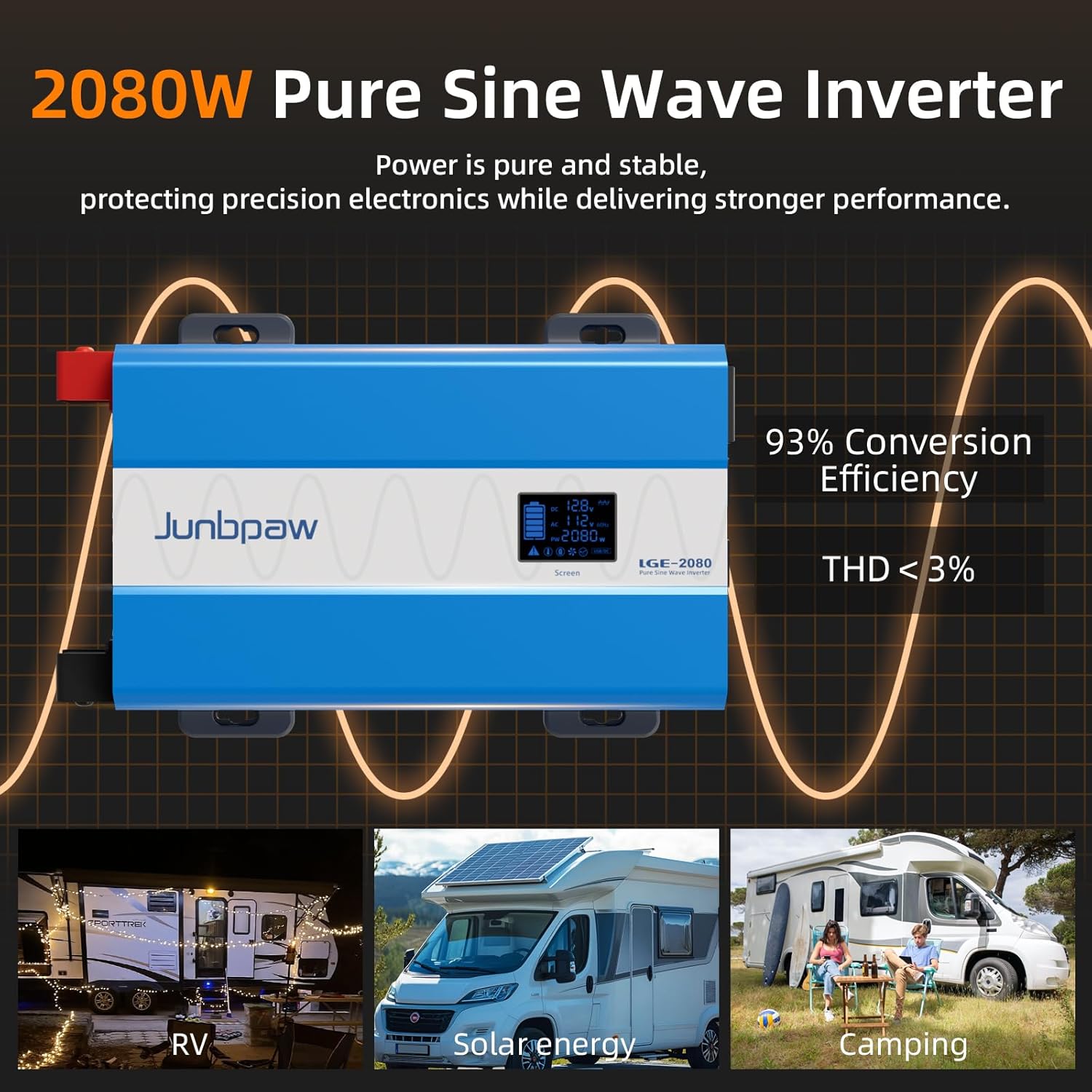 2080W Pure Sine Wave Power Inverter - 30dB Ultra Quiet, 6000W Surge, Game-Changing Design | 12V to 120V AC Converter for Home, RV, Camping, Off-Grid & Outdoor Adventures