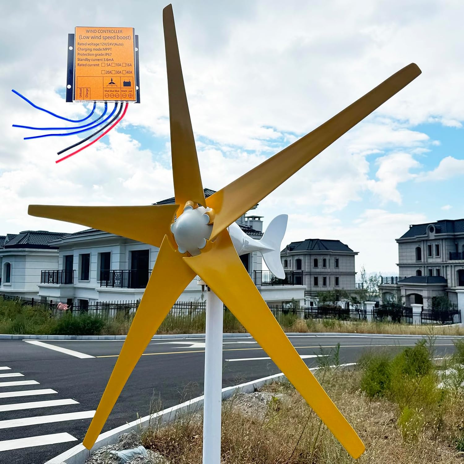 12V 24V 48V Wind Turbines Generator 800W 1000W 1200W Wind Turbine Kit with MPPT Controller and 5 Yellow Blades, Pure Copper Core Wind Generator for Boat, Outdoor, Street, Garden,1200w,48V