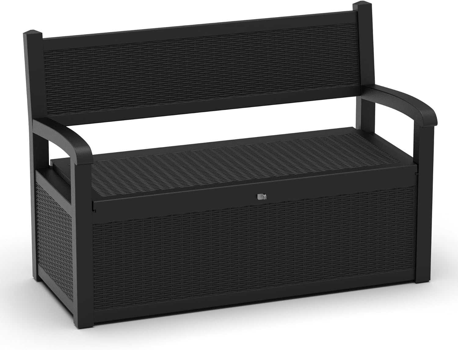 ROJIK 80 Gallon Resin Deck Box Storage Bench, Outdoor Wood Grain Style Lockable Storage with Armrests, All-Weather Durable Patio Furniture for Porch, Garden and Indoor Use, Black