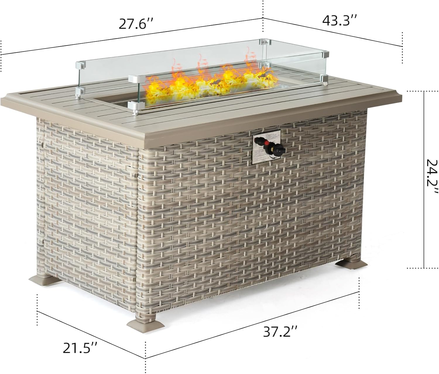 Outdoor Wicker Gas Fire Table, Patio Propane Gas Fire Pit w Aluminum Tabletop,Glass Wind Guard