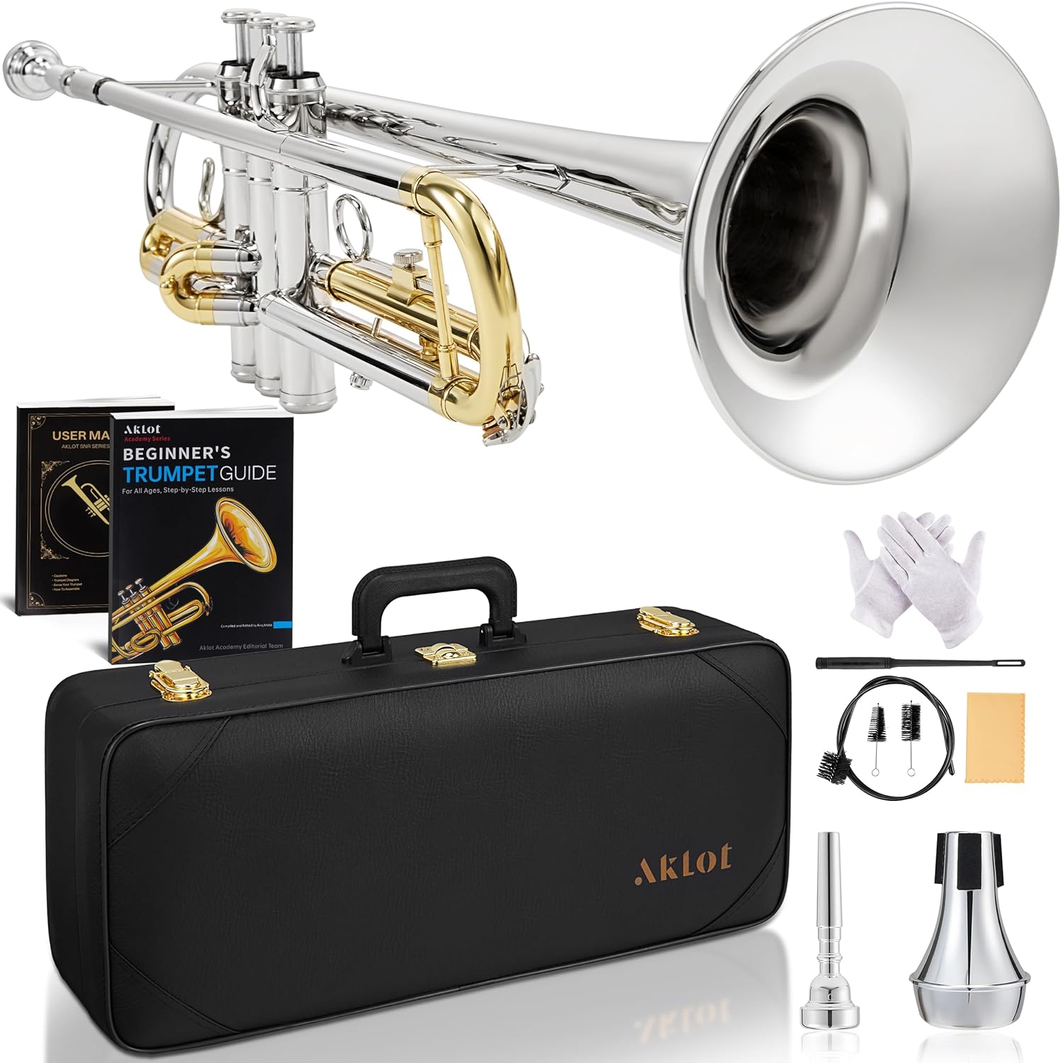 AKLOT Hand-Hammered Bell Bb Trumpet: Smooth Valve Action, Clear-Lacquered Brass Body, Standard Trumpet Beginner Set with Leather Case, Lesson Book, Trumpet Mute, Mouthpiece, Cleaning Kit (SNR-BrzAC)