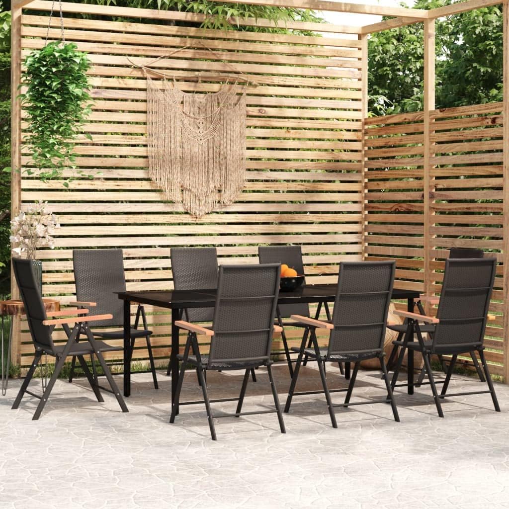 9 Piece Rectangular Garden Dining Set, Black Powder-Coated Steel Frame, Outdoor Table and Chairs for Patio, Balcony Furniture