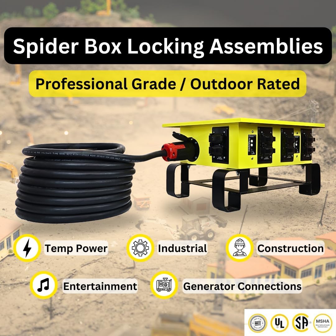 Spider Box Twist-Lock Generator Power Extension Cord, 50 Amp, 125/250V, SOOW Cable Type, Gauge 6/4, Professional-Grade Outdoor California Standard locking extensions, 100' Long, Black