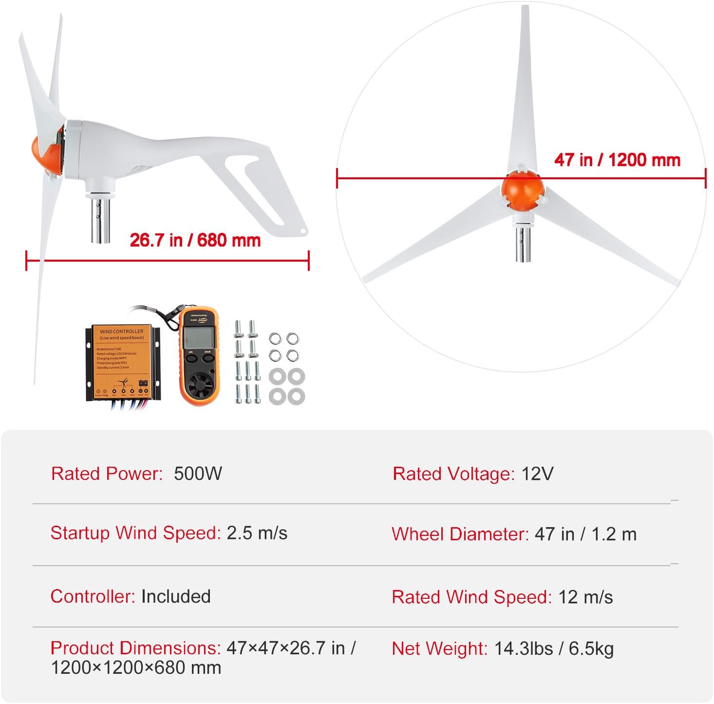 Happybuy 500W Wind Turbine Generator with Anemometer, 12V Wind Power Kit, 3-Blade Wind Generator, MPPT Controller & Adjustable Windward Direction, Ideal for Home, Farm, RVs, Boats