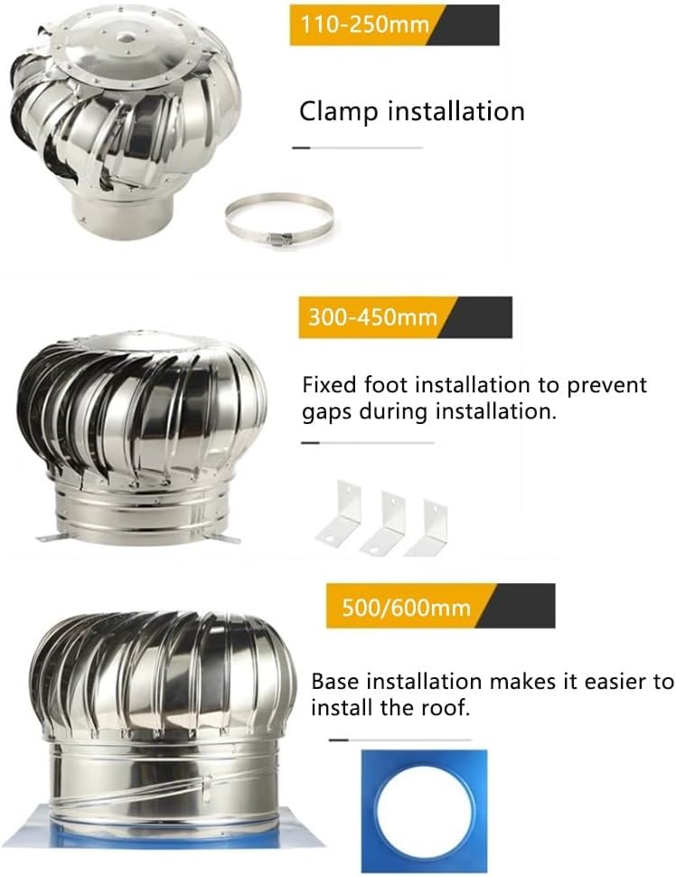 Stainless Steel 304 Roof Wind Turbine Rotating Non Power Ventilator Cap 4/6/8/10/12/18/24 Inch Rainproof Exhaust Cap for Pipe Flue Shed Roof(250mm/10in)
