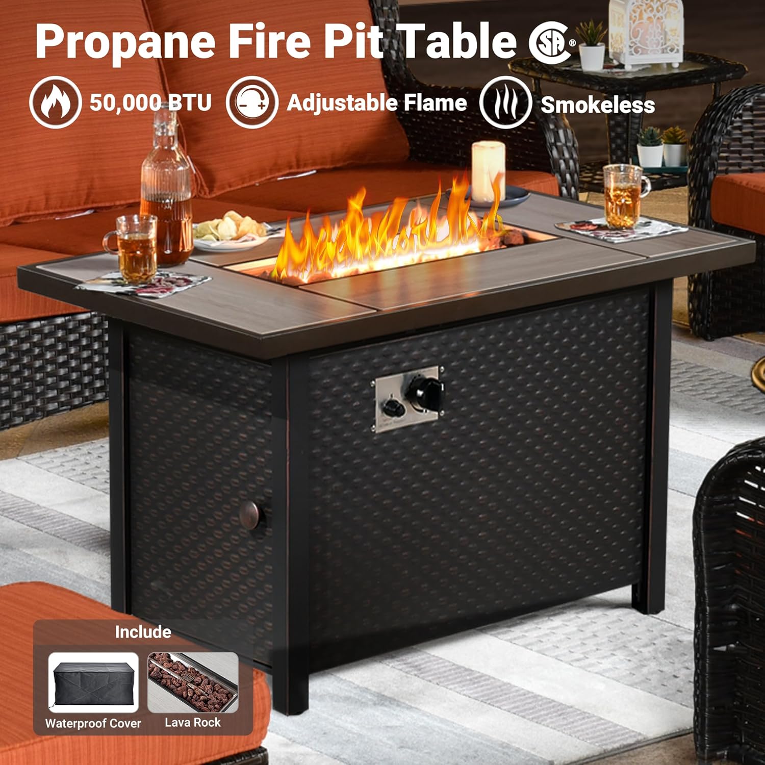 ovios 6-Pieces Patio Furniture Set with 42 Inch Fire Pit Table, Outdoor Wicker Sofa Couch Ottomans Comfy Cushions, High Back Modern Conversation Set, Brown Rattan, Orange Red