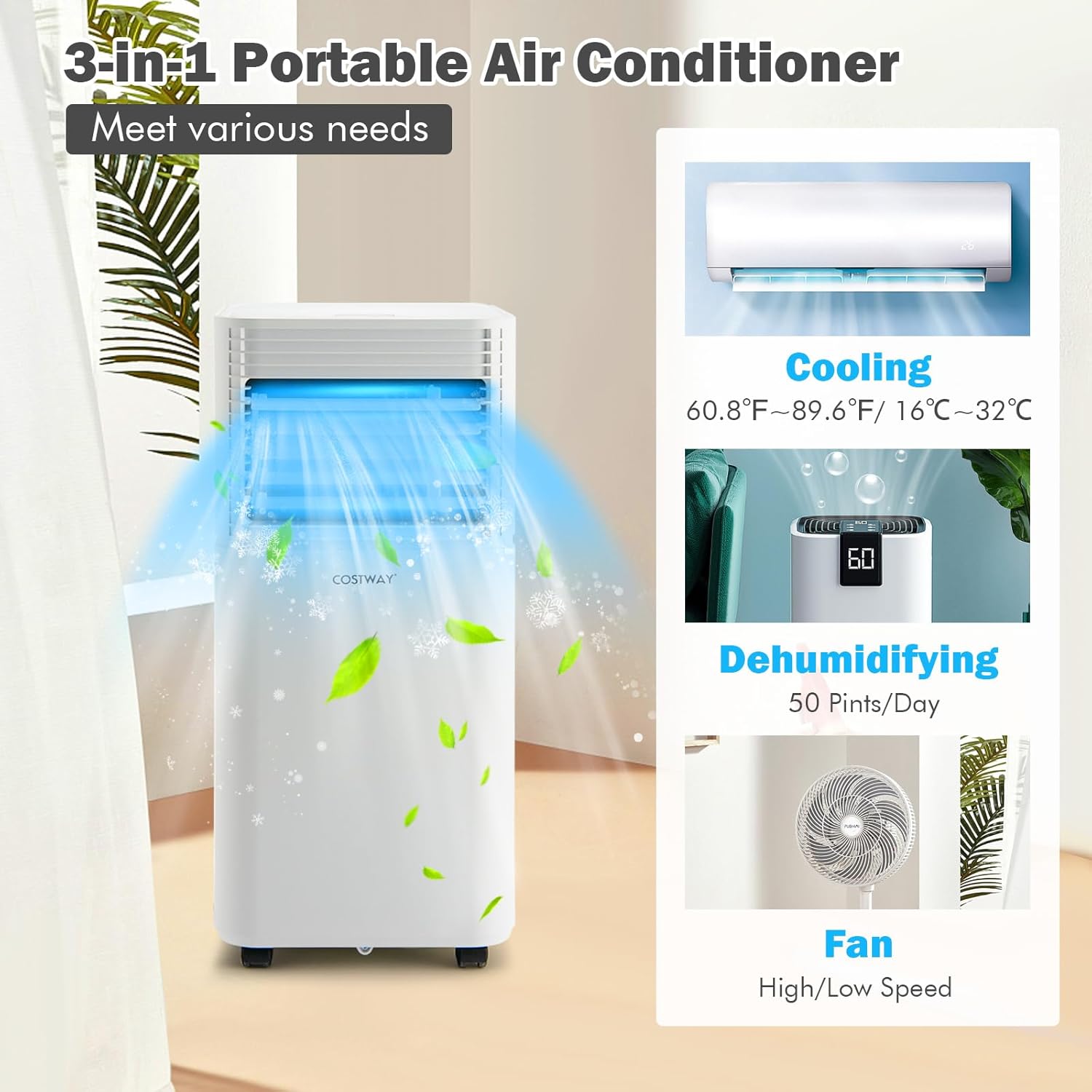 HOMGX 10000 BTU Portable Air Conditioner, 3-in-1 Air Cooler w/Fan & Dehumidifier Mode, Quiet AC Unit w/Sleep Mode, 24H Timer, 2 Fan Speeds, Remote Control, Window Mount Kit (White, 10000 BTU)