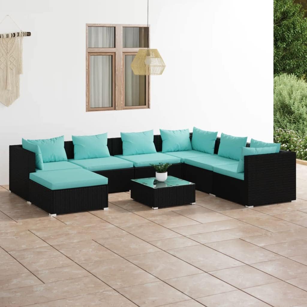 8 Piece Patio Lounge Set with Cushions Poly Rattan Black,Premium Poly Rattan Patio Lounge Set with Cushions: Modular Comfort for Outdoor Living Patio Furniture Sets, Outdoor Furniture Sets