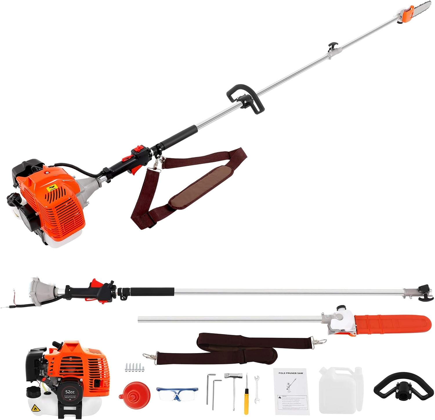 Gas Powered Pole Saw, 3HP 52CC 2.3m 2Stroke Chainsaw Trimming Tool Cordless Tree Branches Pruner Hedge Trimmer w/Extension Pole Single Cylinder Air-Cooled for Tree Hedge Trimming Bush Pruning