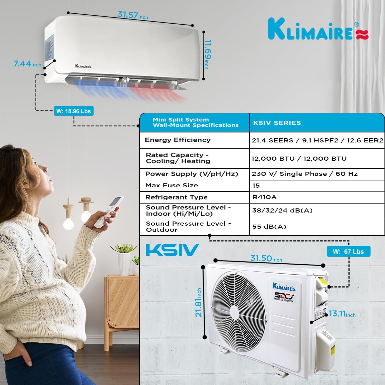 Klimaire 12,000 BTU 21.4 SEER2 Ductless Mini-Split Inverter Air Conditioner Heat Pump System with All-Inclusive 16' Installation Kit, Wall Bracket, Electrical Disconnect Box & Liquid-Tight Whip (230V)