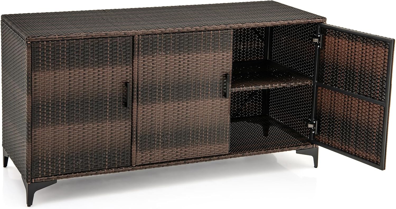 HAPPYGRILL Outdoor Rattan Wicker Deck Box Storage Cabinet, Patio Storage Container with 3 Doors and Removable Shelves, for Backyard Garden Poolside, 84 Gallon