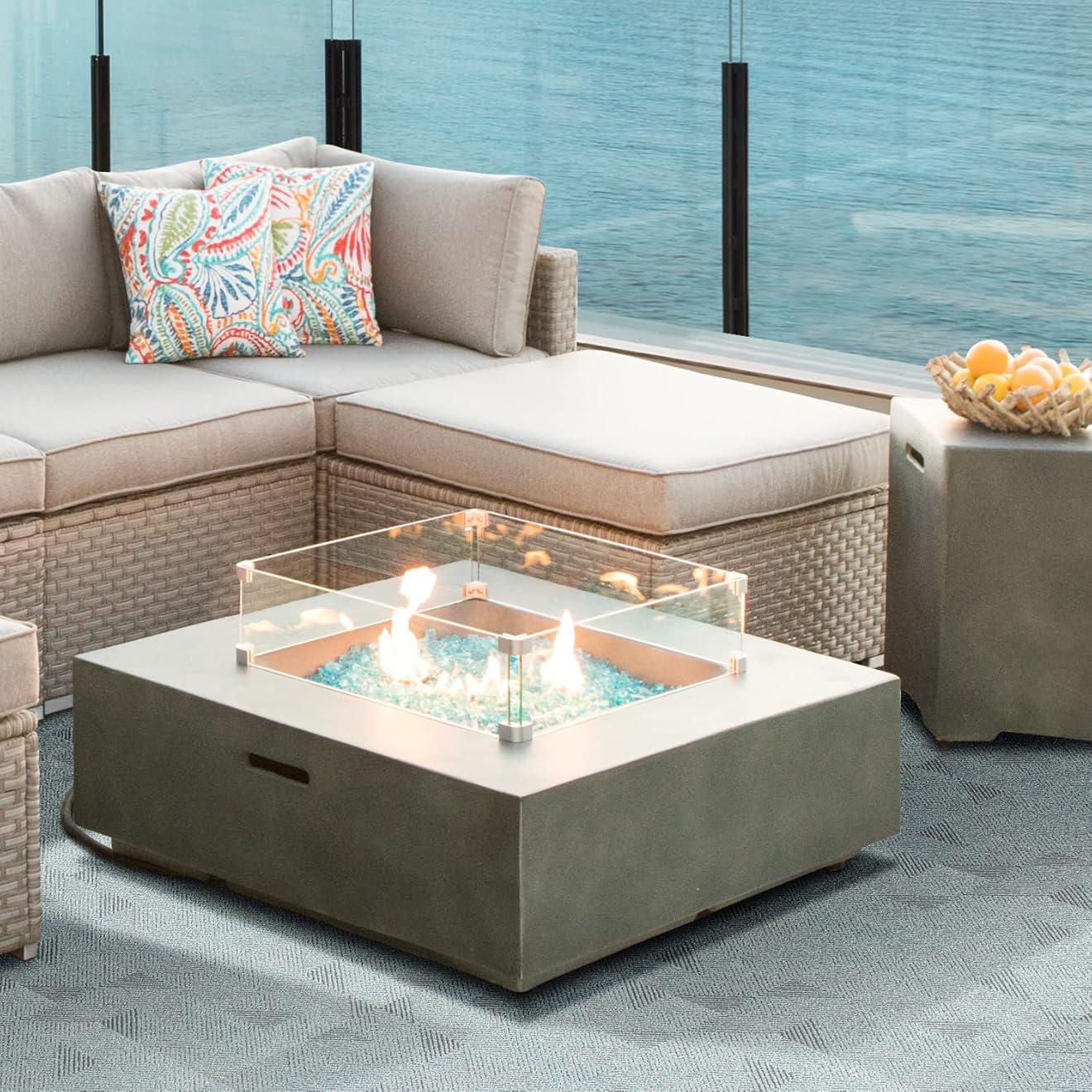 SUNBURY Outdoor Propane Fire Pit, Square Dark Green Gas Fire Pit 50,000 BTU, Fire Pit Table w 20 Gallon Tank Cover, Glass Wind Guard, Waterproof Cover, Without Fire Glass