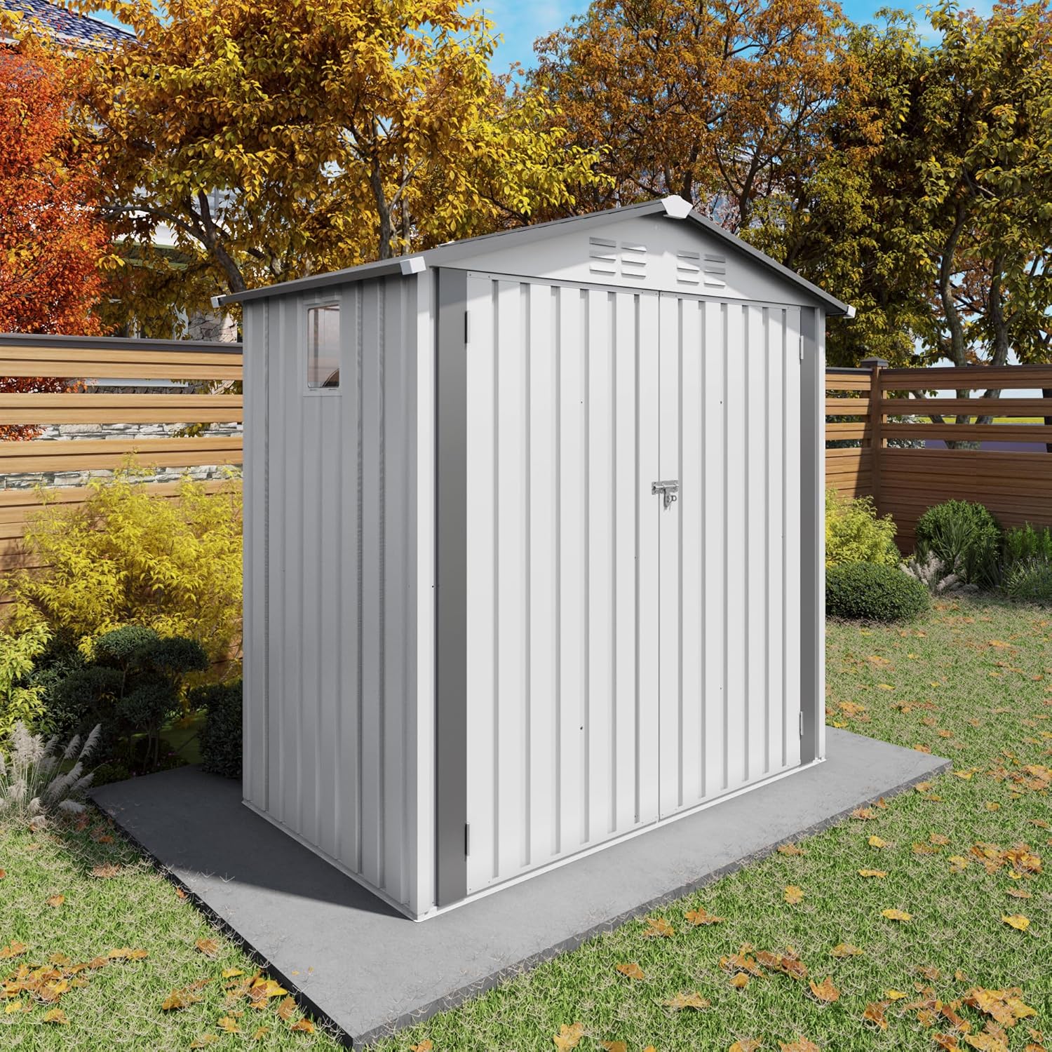 6x3.6 FT Metal Outdoor Storage Shed, Waterproof Tool Shed with Window Lockable Door, Steel Garden Storage House with Sloped Roof for Tools, Bikes, Patio Equipment & Backyard Organization, White & Gray