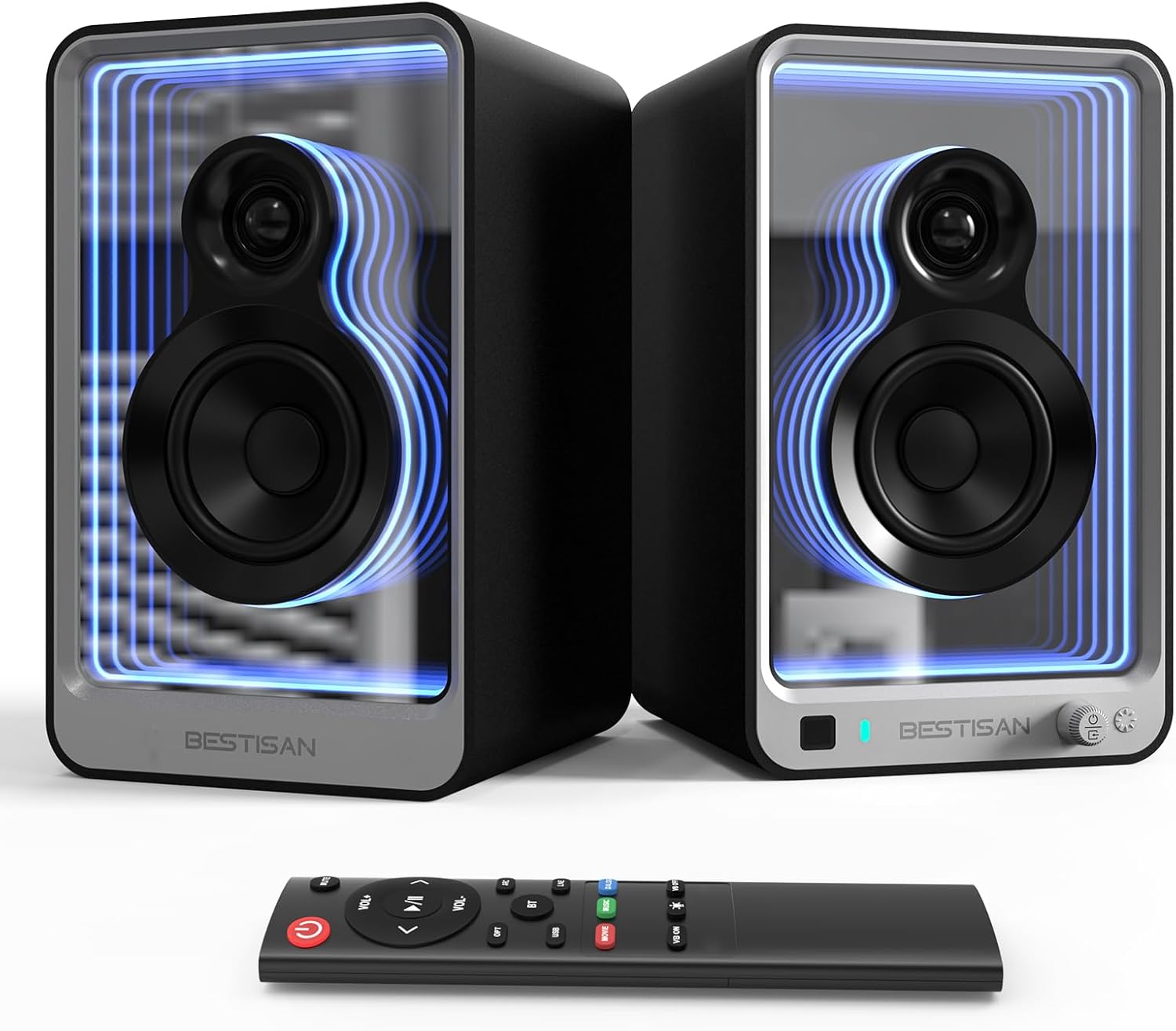 BESTISAN SR15 Bluetooth Bookshelf Speakers, Active Stereo Speakers for TV/Record Player with Subwoofer Out and Light Effects, Turntable Speakers with Optical/ARC/RCA Inputs for PC and TVs