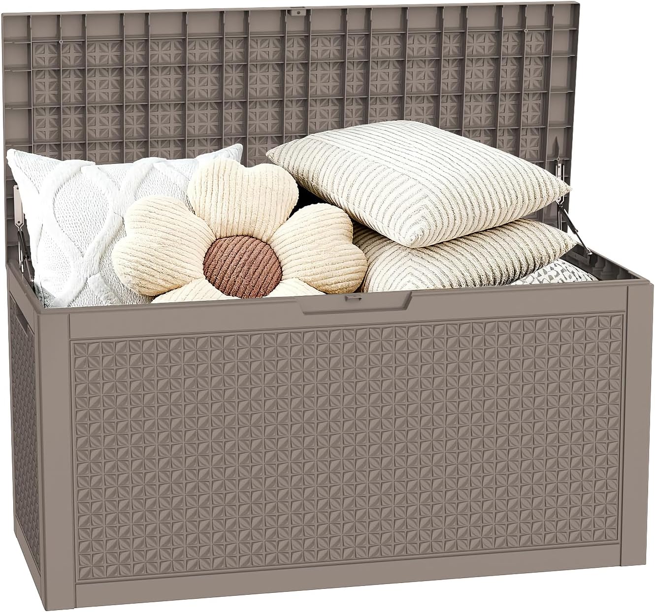 Deck Box Outdoor Storage 100 Gallon -Lockable Patio Storage Box,Waterproof Resin Outdoor Storage Bench for Furniture,Garden Tools & Pool Accessories (Light Brown)