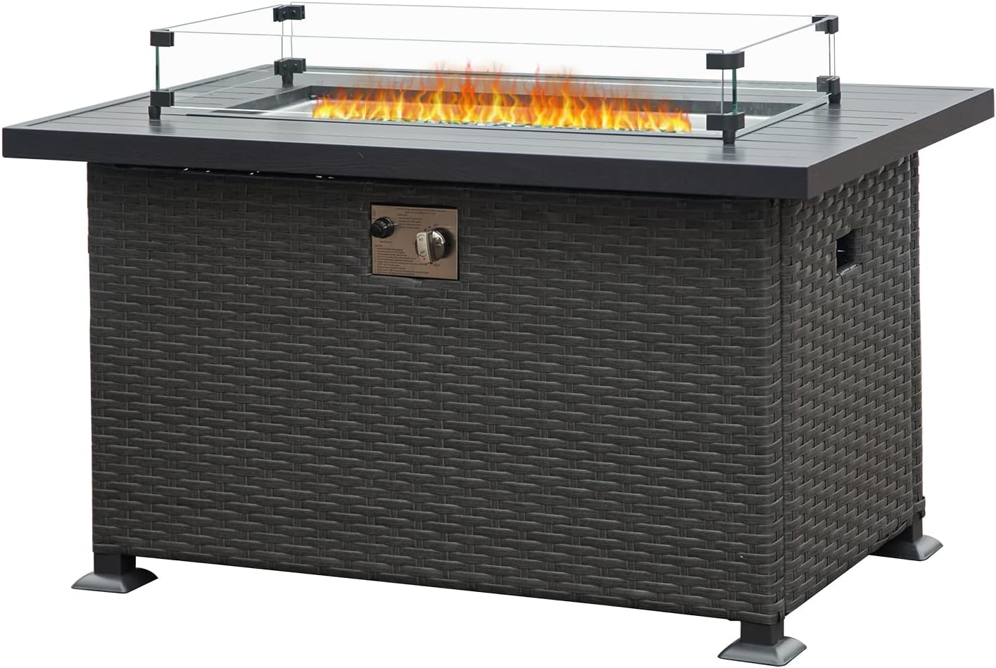 Domi 43’’ Wicker Patio Propane Gas Fire Pit Table 50,000 BTU CSA Certified Fire Table with Aluminium Wooden-Like Tabletop, Glass Wind Guard, Waterproof Cover Patio Backyard Garden Outdoor Indoor