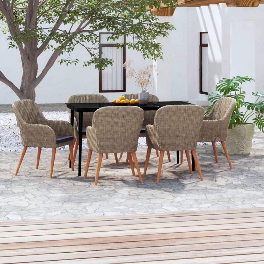 7 Piece Patio Dining Set with Cushions Brown,Stylish Garden Dining Set with Rattan Chairs and Glass Tabletop Patio Furniture Sets, Outdoor Furniture Sets