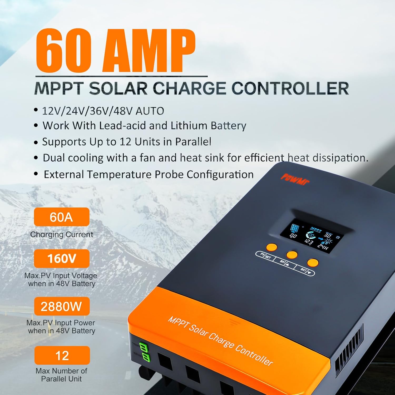 PowMr 2500W 24V Pure Sine Wave Inverter & 60A MPPT Solar Charge Controller