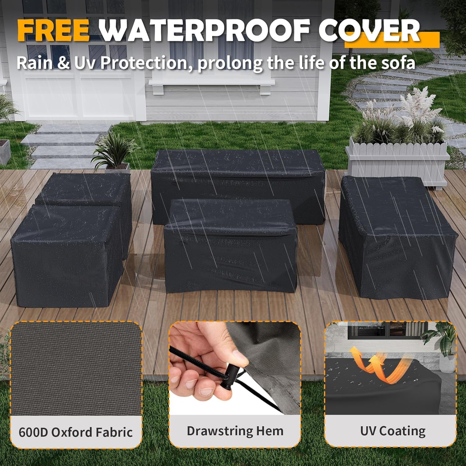 Amopatio Aluminum Patio Furniture Set with Fire Pit, 8 Pcs Metal Patio Sofa Couch Sets with Aluminum Fire Pit Table, Modern Outdoor Furniture with 6