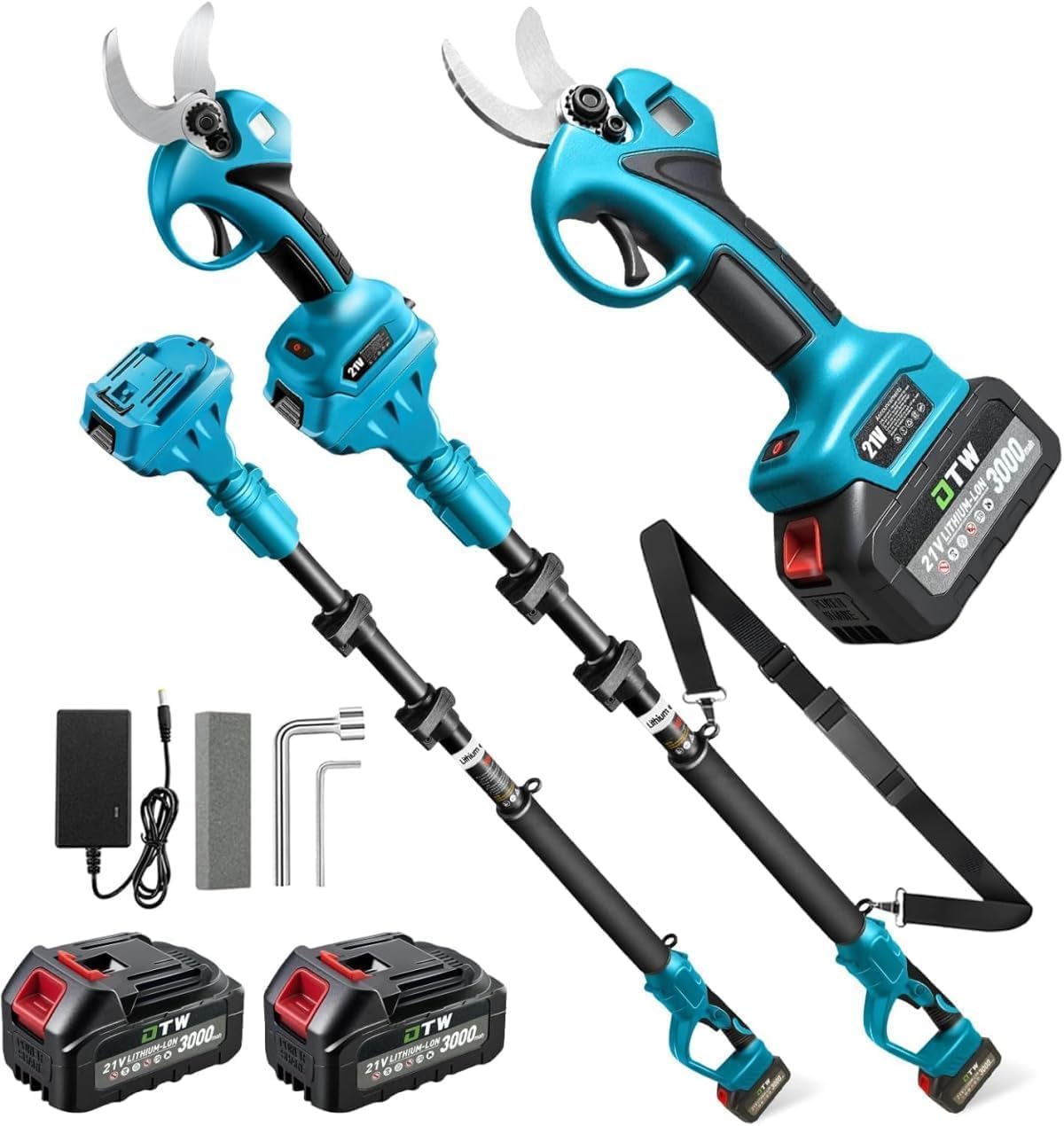 Electric Pruning Shears with Pole 1.4-2.0 Cutting Diameter & 2-IN-1 Electric Pole Pruner,2PCS 21V 3.0Ah Batteries,Brushiless Motor,4 Modes Adjustable Branches Cutter for Flower, Tree Trimming(Blue)