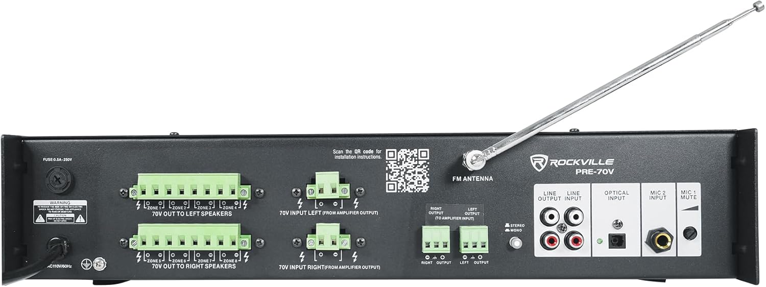 Rockville PRE-70V 8-Zone Stereo Preamp Mixer with Bluetooth, USB/SD/FM, Mic Inputs, Chime, Bass/Treble Control, for 70V Audio Systems