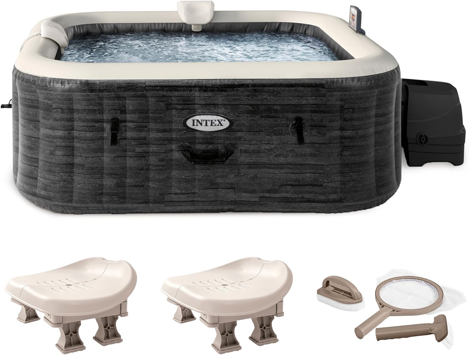 Intex PureSpa Plus Greystone Inflatable Square Hot Tub, Maintenance Kit w/Brush, Skimmer, and Scrubber, Slip Resist Inflatable Removable Seat (2 Pack)