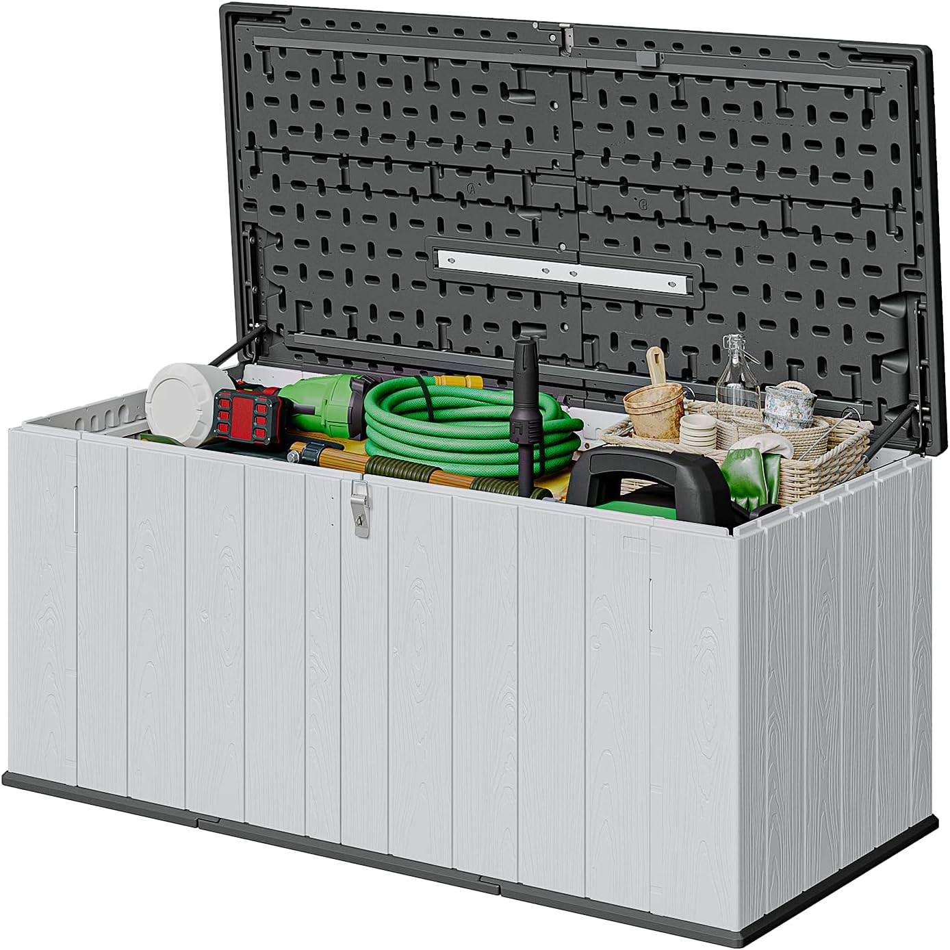 Aoxun 160 Gallon Resin Large Outdoor Storage Box, Horizontal Storage Sheds 21 Cu.ft, Waterproof Lockable Deck Box with Spring-Assisted Lid, Patio Storage for Garden, Pool, Cushions, Tools, White