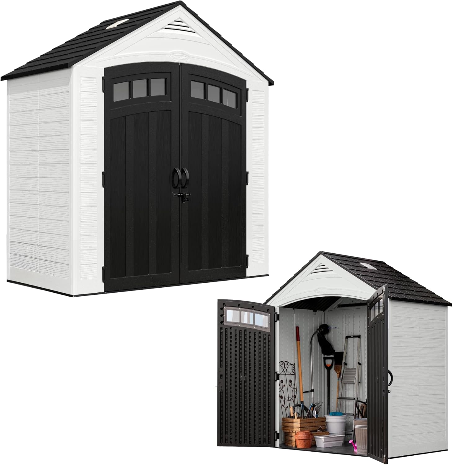 Suncast 7x4 Ft. Vista Vertical Resin Shed - Outdoor Storage Shed with Floor, Double Doors, IllumiVent™ Ventilation, Reinforced Resin Panels - Ideal for Ladders, Long-Handled Tools, & Garden Equipment