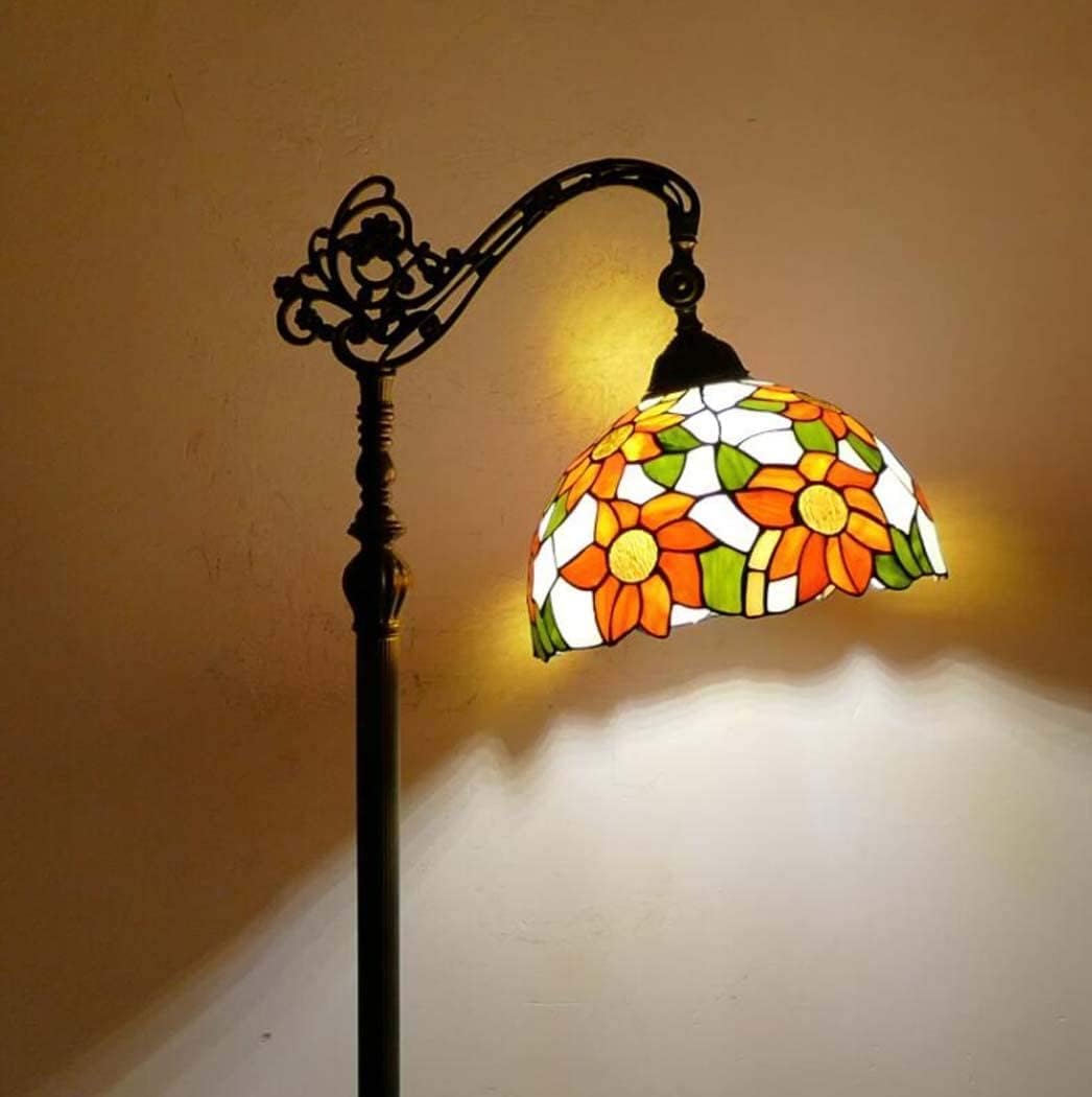 Tiffany-Style Floor Lamp Standlamp Tiffany-Style Readfloor Lamp with 12 Inch Sunflower Shade Stained Glass 65 Inch High Antique Curved Adjustable Base Standlight Bedroom E2
