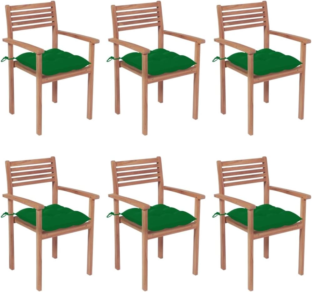Stackable Patio Chairs with Cushions 6 pcs Solid Teak Wood,Elegant Stackable Teak Patio Chairs with Cushions for YearRound Comfort Outdoor Furniture, Outdoor Chairs