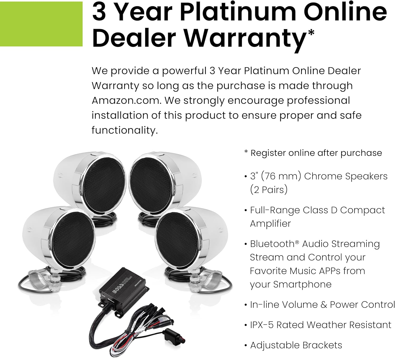 BOSS Audio Systems MC470B 3 Inch Motorcycle Full Range Speakers and Amplifier Sound System - Bluetooth 2 Channel Amplifier, Weatherproof, Volume Control, ATV UTV Compatible