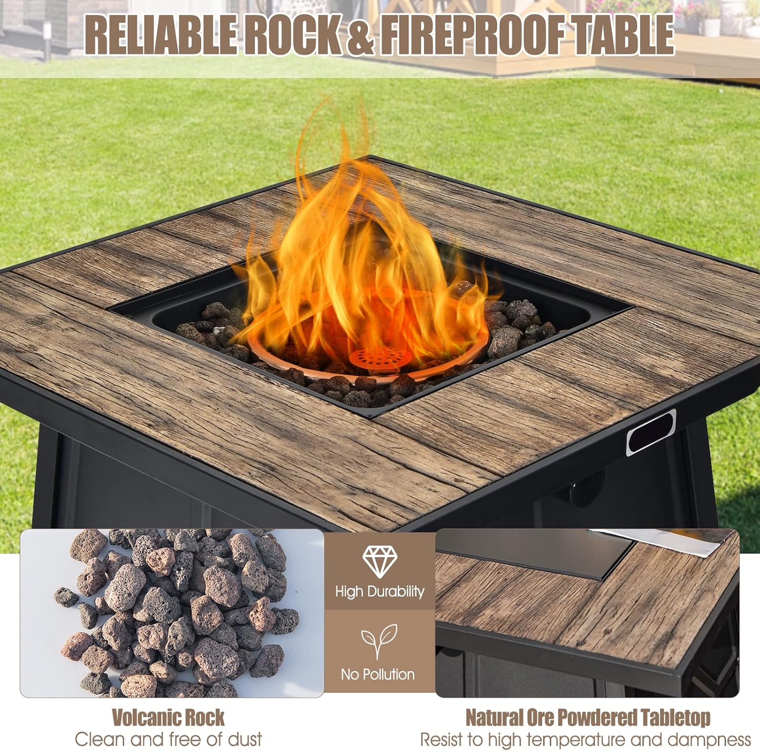 Tangkula 28 Inches Propane Fire Pit Table, 40,000 BTU Square Fire Table with Lid, Lava Stone, Waterproof Cover and Instant Touch-Up Pen, Outdoor Dining Gas Fire Pit Table with Adjustable Flame