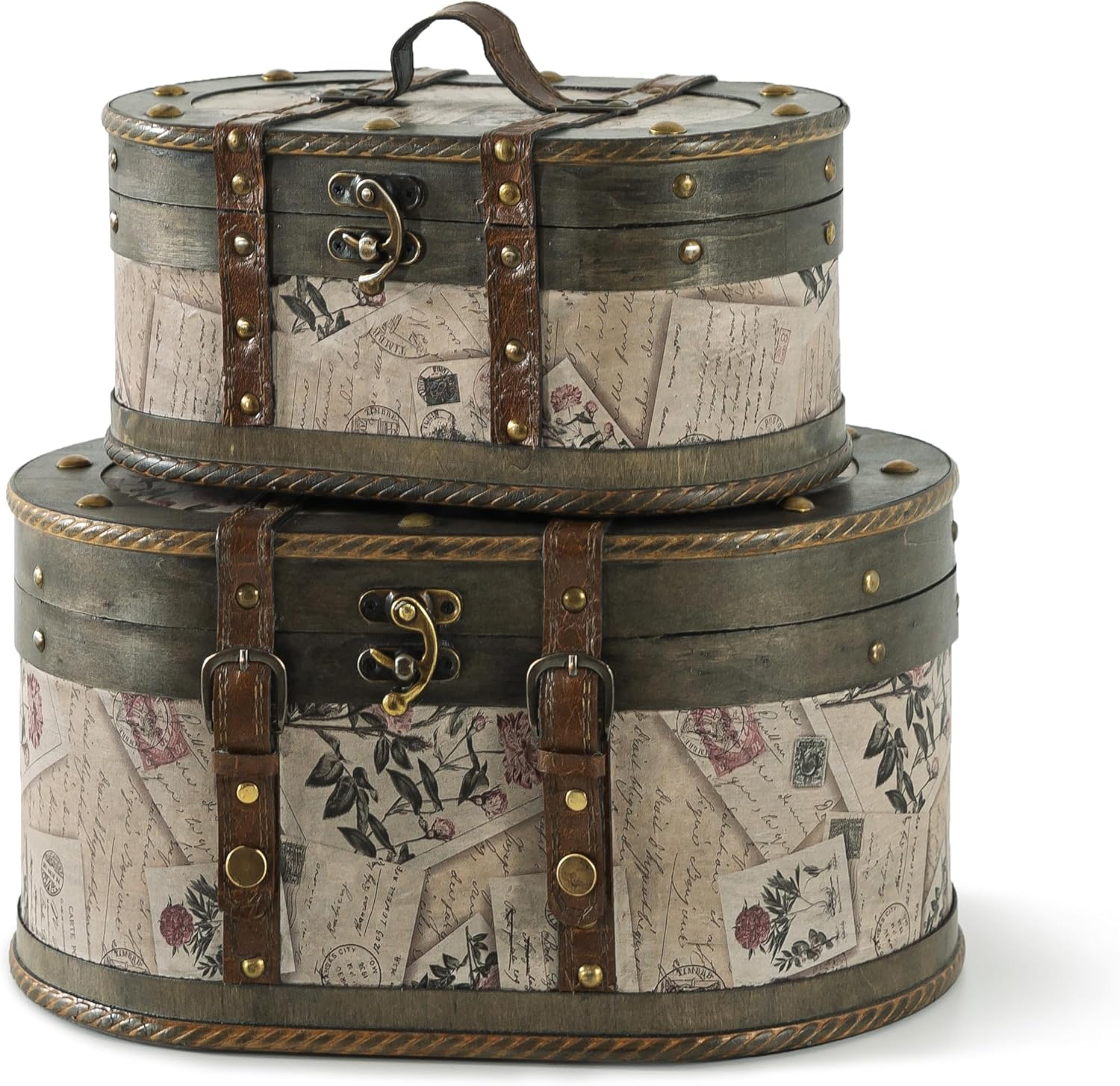 SLPR Alyssa Vintage Train Case - Set of 2, Antique Wooden Storage Boxes with Hinged Lids, Old Fashioned Decorative Wood Trunk, Memory Chest for Keepsakes and Home Décor