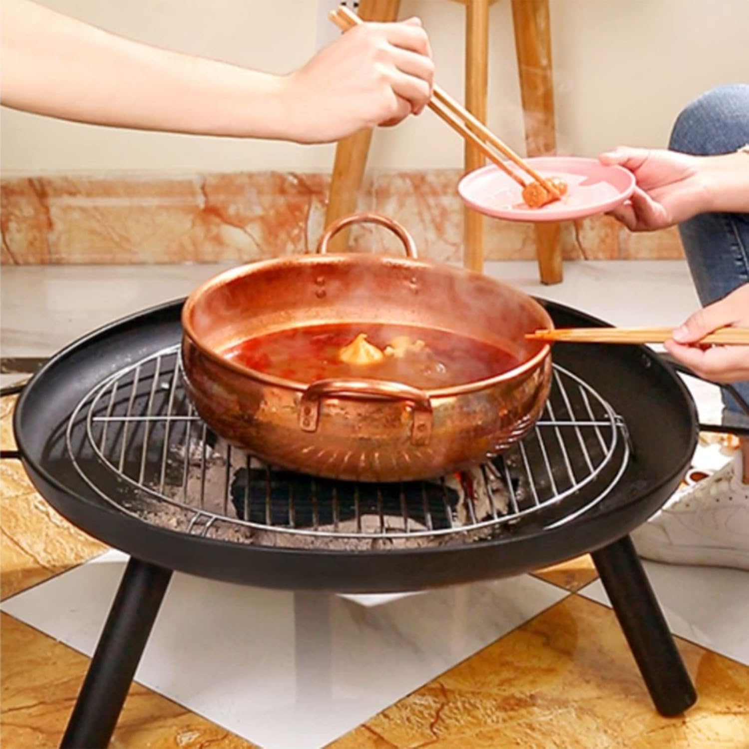 LXLZYXSF Round Shallow Bonfire Wood Burning Fire Pit for Indoor Outdoor, Fire Bowl Deck Yard Barbecue Stove Camping Fire Bowl Basin (Color : with Grate)