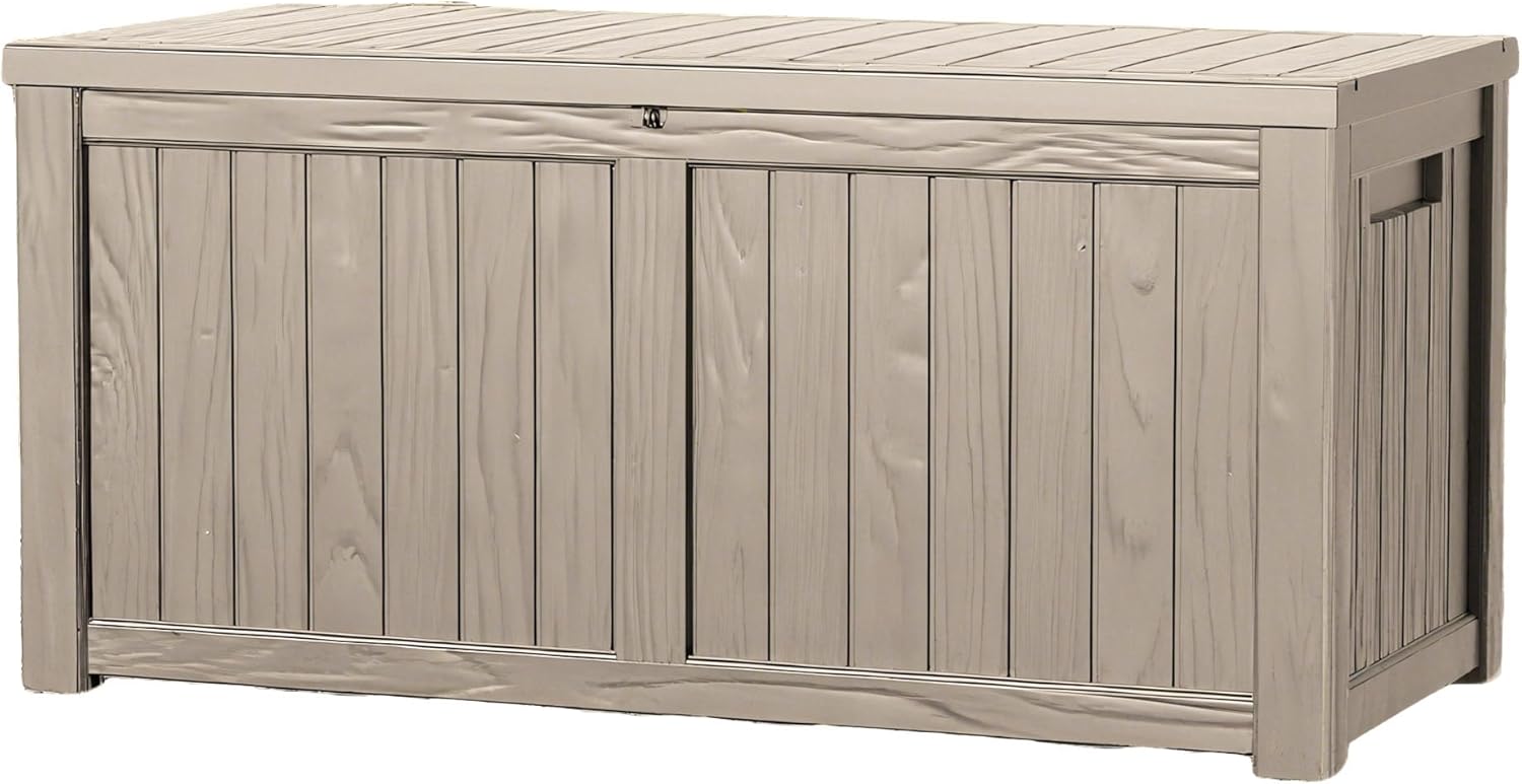 120 Outdoor Storage Box, Waterproof Resin Deck Box for Indoor & Outdoor Use, Lockable Storage Bench with Piston Hinge, Storage Bin for Patio Cushions, Garden Tools, Package Delivery, Grey