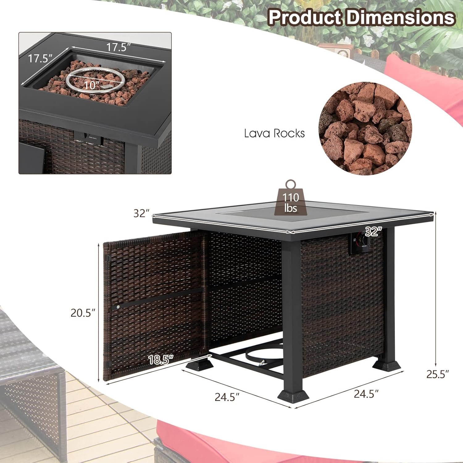 Tangkula 50,000 BTU Propane Fire Pit Table, Patiojoy 32 Inch Wicker Gas Fire Pit with Removable Lid and Lava Stone, Outdoor Square Rattan Fire Table with PVC Cover, Mix Brown