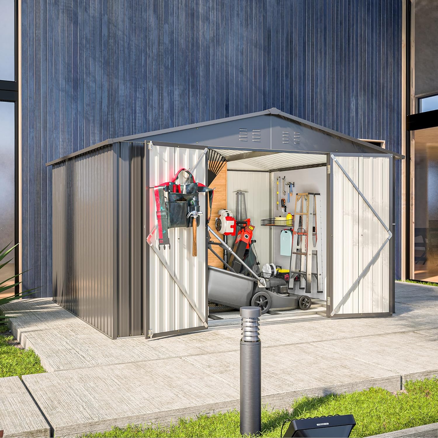 MyVoice 10x8 FT Outdoor Metal Storage Shed with Floor Frame, Lockable Door, Waterproof Tool Shed for Backyard, Garden, Lawn, Bike, Garbage or Pet House, Tall Utility Storage Shed with Vents