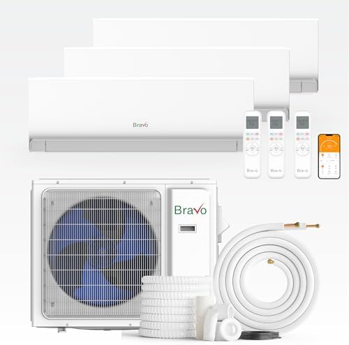 BRAVO 24,000 BTU 3-Zone 9000 + 9000 + 9000 BTU Wall Mount, 23 SEER2 Ductless Mini Split AC & Heat Pump – Includes Smart Control & 25FT Installation Kits – Inverter System