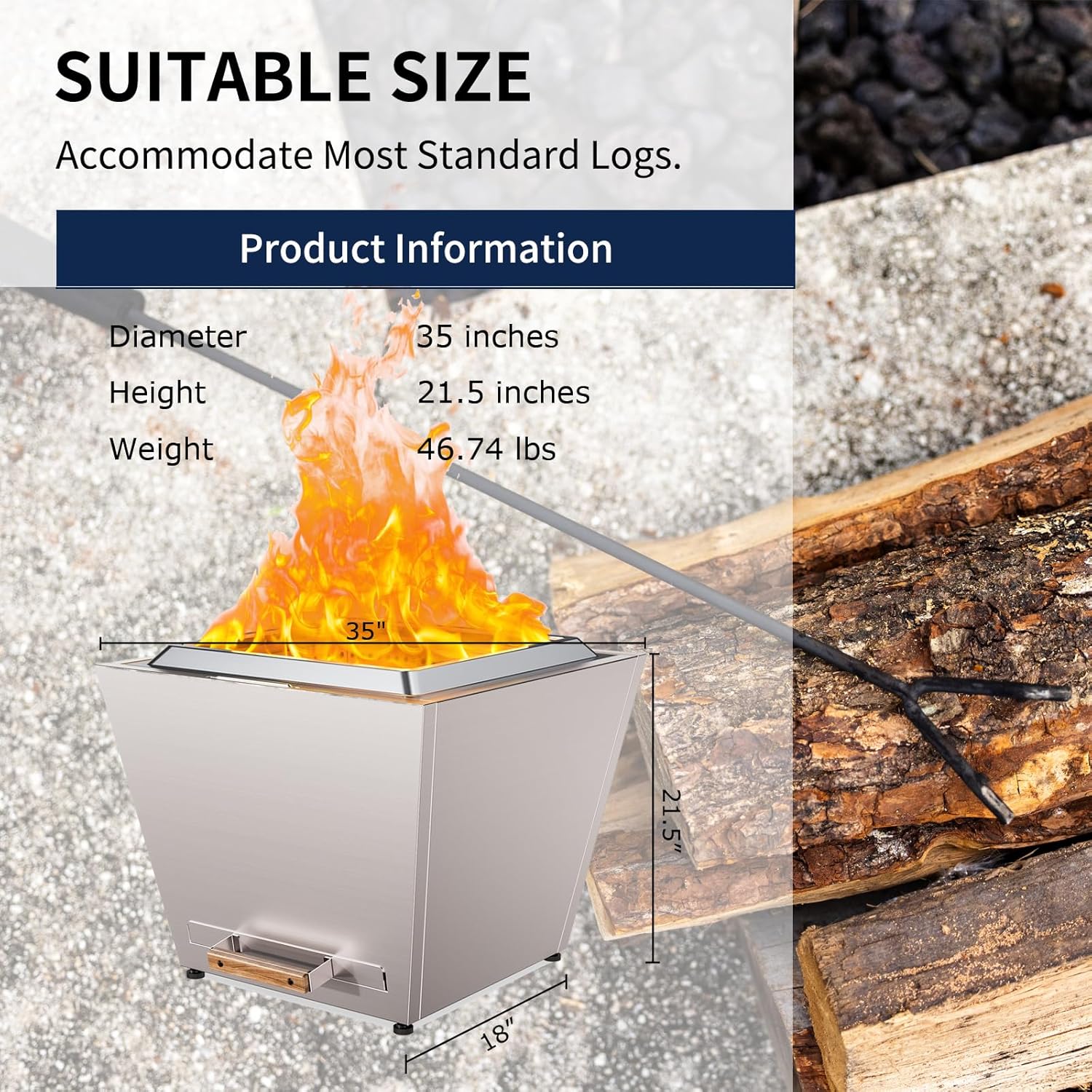 Smokeless Fire Pit, Portable Outdoor Firepits 35 inch, Carry Handle for Backyard Patio Camping Bonfire, Stainless Steel,Cyberpit One, Ideal for 6+ People, Sliver