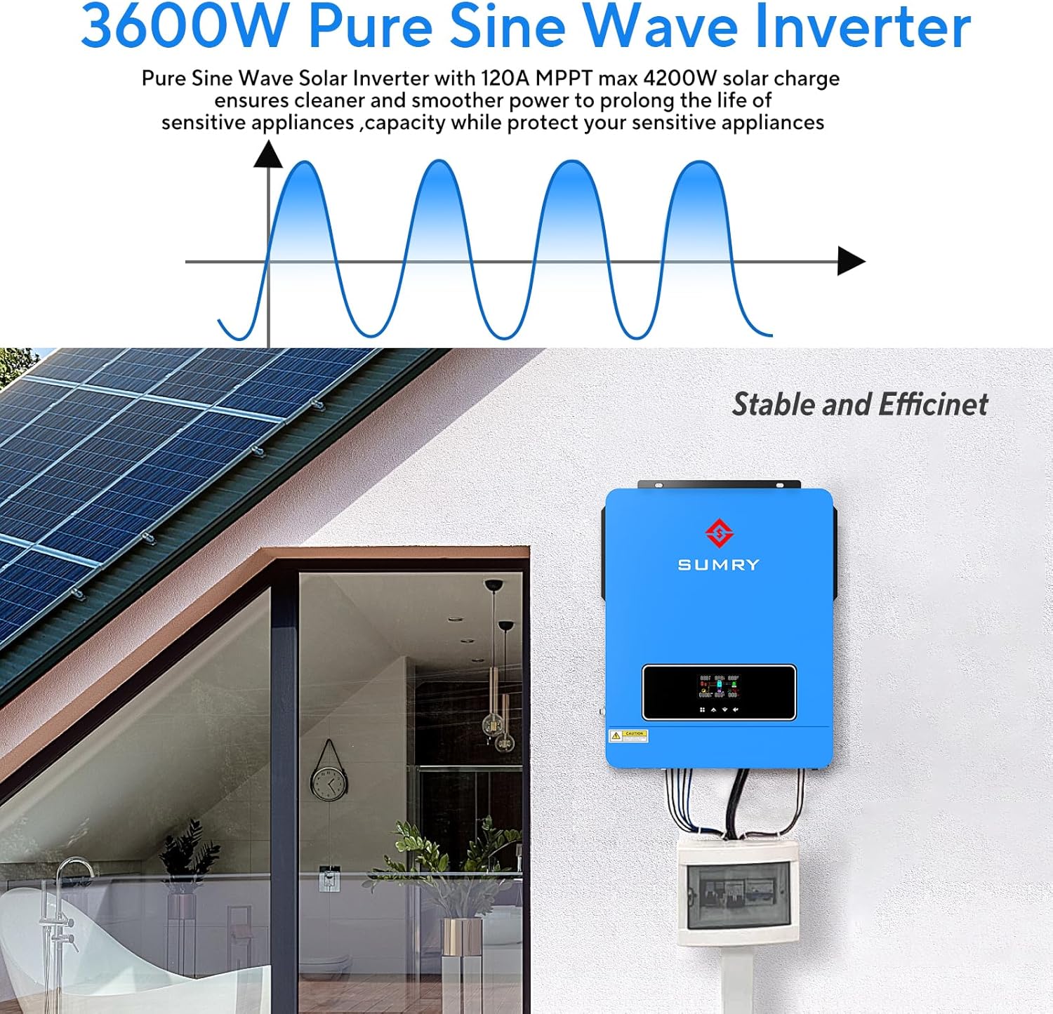 SUMRY Solar Inverter Charger, 3600W DC 24V to AC 110V Hybrid Voltage Converter with 120A MPPT Charge Controller, Pure Sine Wave Power for Battery-Less or AGM Lithium Battery Home Energy System