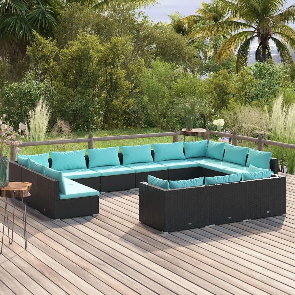13 Piece Patio Lounge Set with Cushions Black Poly Rattan,Premium Outdoor Rattan Lounge Set: Modular, WaterResistant, and Ultra Comfortable Patio Furniture, Outdoor Furniture Sets