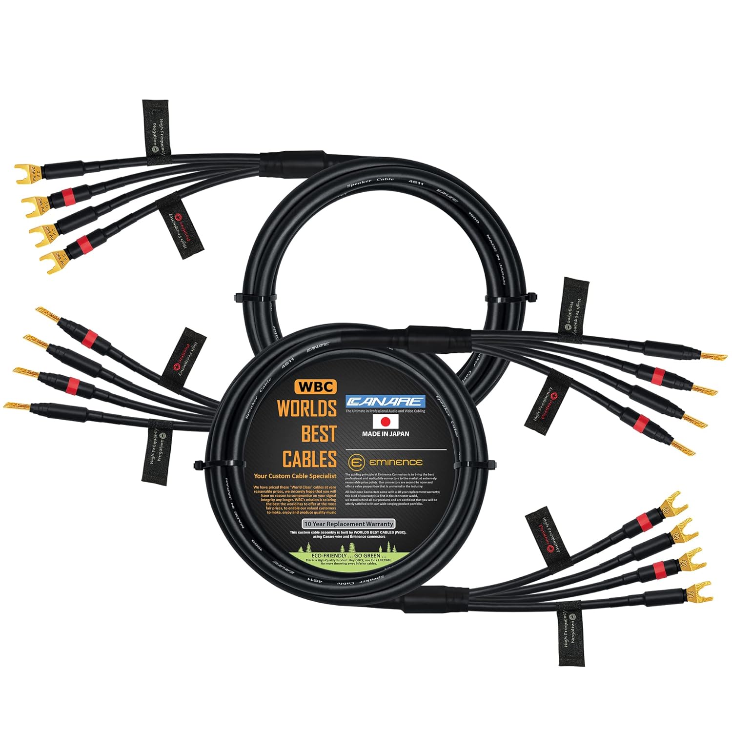 WORLDS BEST CABLES 4 Foot - Canare 4S11 – Audiophile Grade - HiFi Star-Quad Bi-Amp Speaker Cable Pair with Eminence Gold Banana & Spade Connectors [Banana x4 – Spade x4]