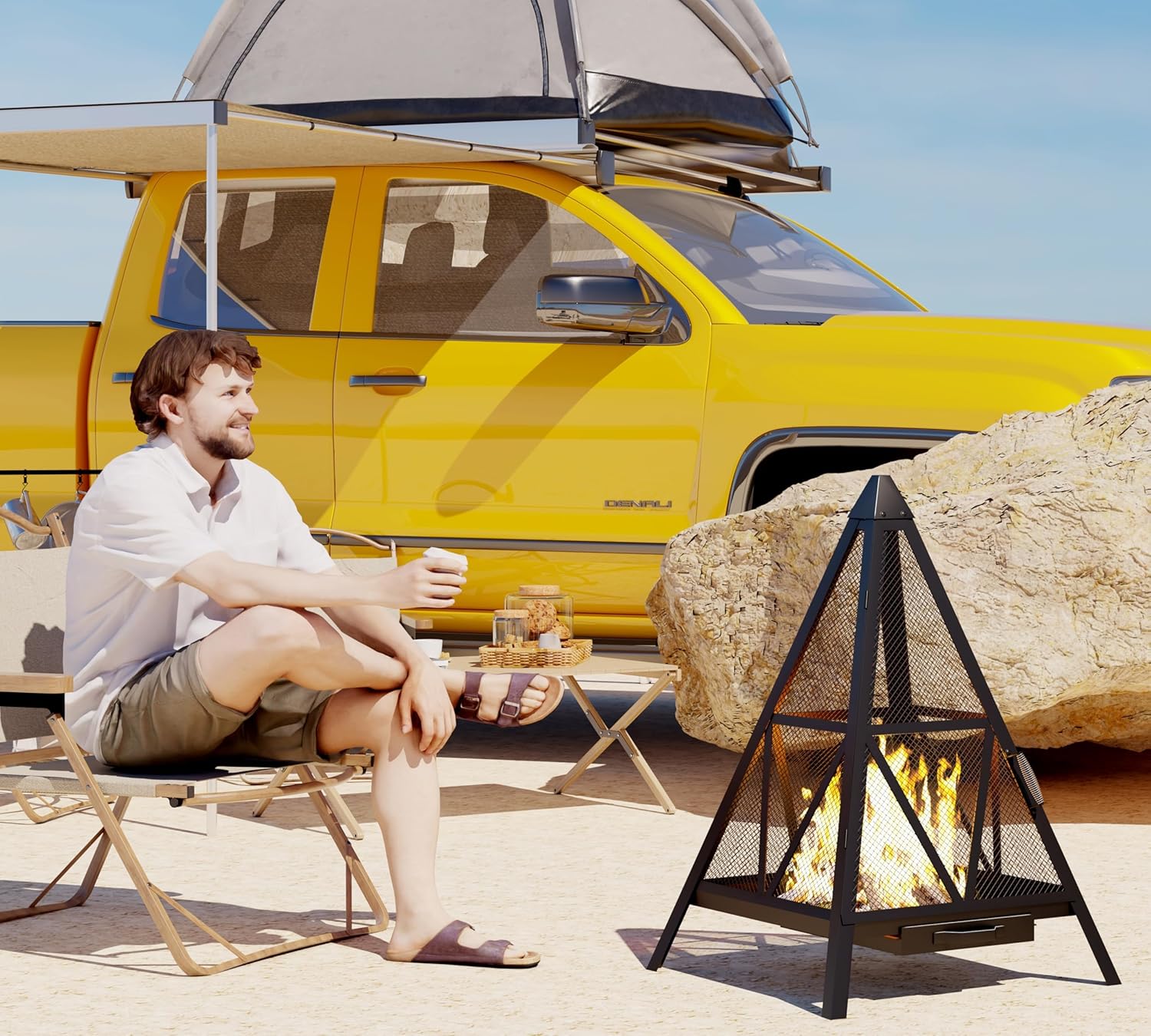 Kingson Pyramid Fire Pit, Heavy-Duty Steel Smokeless Wood Burning Fire Bowl for Outdoor Patio Garden Backyard, Bohemian & Meditation Decor