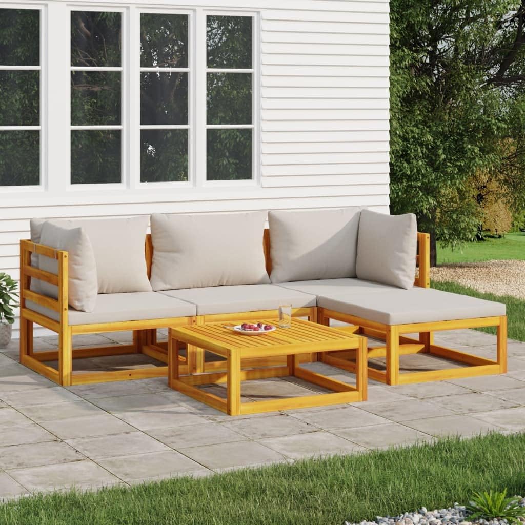 5 Piece Patio Lounge Set with Light Gray Cushions Solid Wood,Elegant Acacia Wood Patio Lounge Set: for Outdoor Relaxation Patio Furniture, Outdoor Furniture Sets