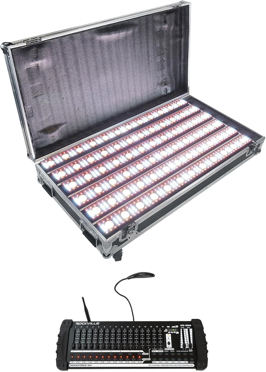 Rockville Pixel Hybrid Pack Bundle: 6 Battery Bar Wash/Strobe Light Strips w/Charging Case, ROCKFORCE W4 384-Channel Wireless DMX Lighting Controller w/MIDI, 2-Items