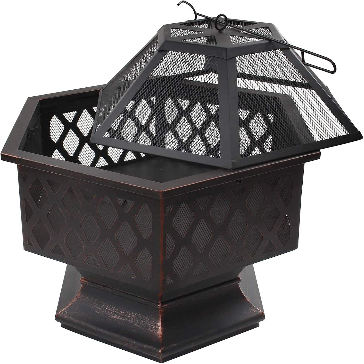 Steel Hexagonal Fire Pit, Fire Bowl for Garden and Patio, Outdoor Garden Fire Pit with Mesh Cover