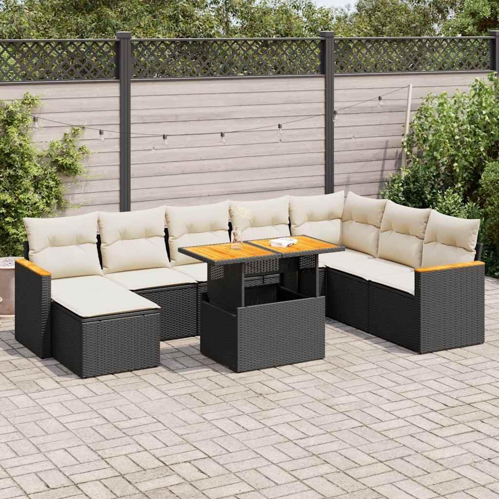 9 Piece Garden Sofa Set Black PE Rattan, Modular Outdoor Patio Furniture with Cushions, Balcony Dining Table and Chairs Set