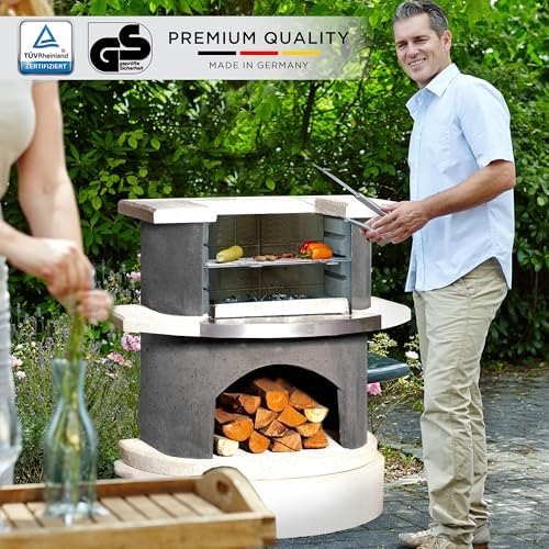Concrete Outdoor Fireplace with Grill, Wood Burning Fireplace with Wood Storage and Chimney, Include Grill Rack & Charcoal Pan, 36.6