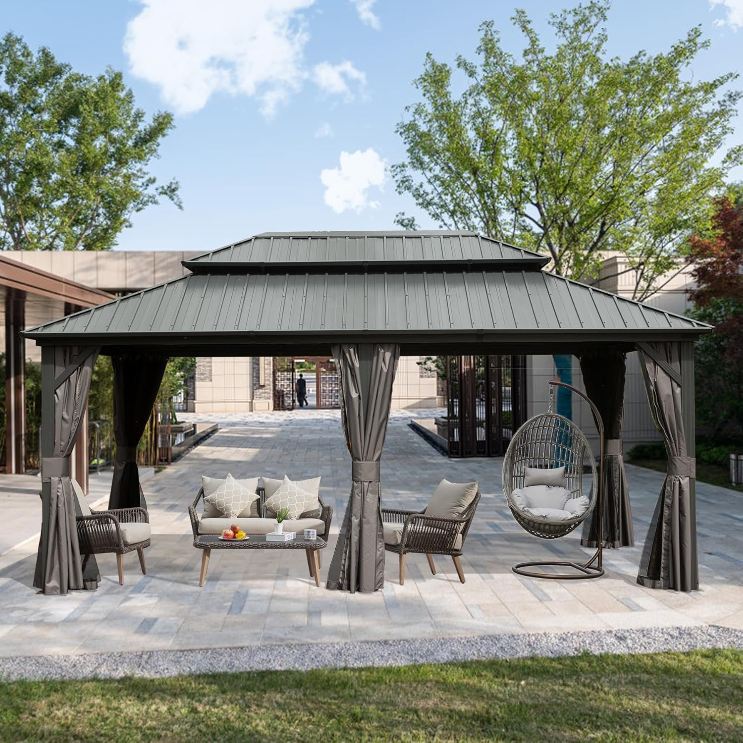 Domi 12' x 18' Hardtop Gazebo Metal Gazebo with Galvanized Steel Double Roof Canopy, Curtains and Netting for Party, Wedding, Outdoor Dining, Patio, Backyard, Grey